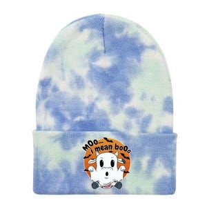 Moo I Mean Booo Cute Cow Ghost Halloween Gift Tie Dye 12in Knit Beanie