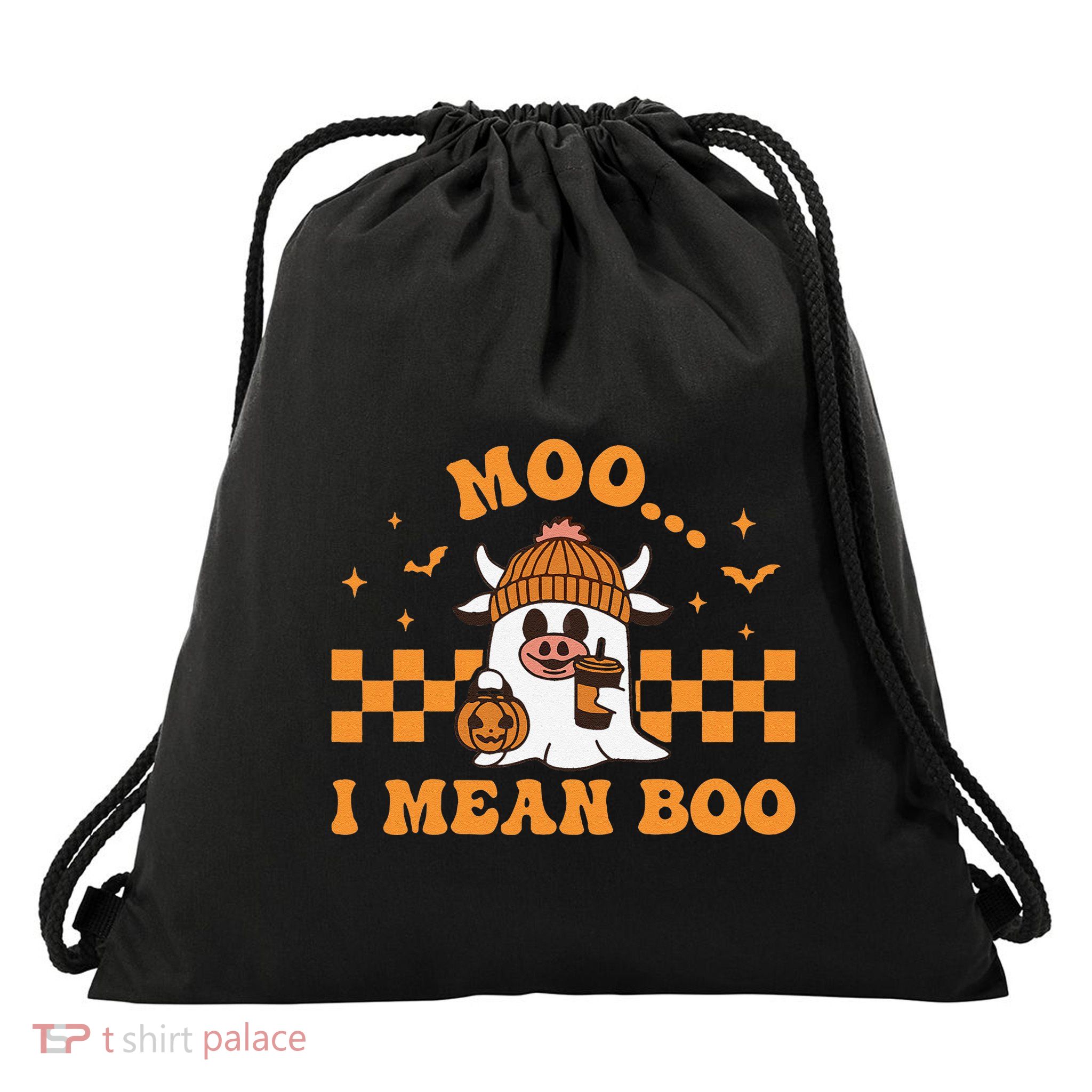 Moo I Mean Boo Cute Halloween Cow Drinking Coffee Drawstring Bag