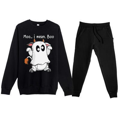 Moo I Mean Boo Funny Cow Ghost Halloween Gift Premium Crewneck Sweatsuit Set