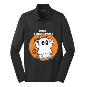 Moo I Mean Boo Funny Cow Ghost Halloween Gift Silk Touch Performance Long Sleeve Polo