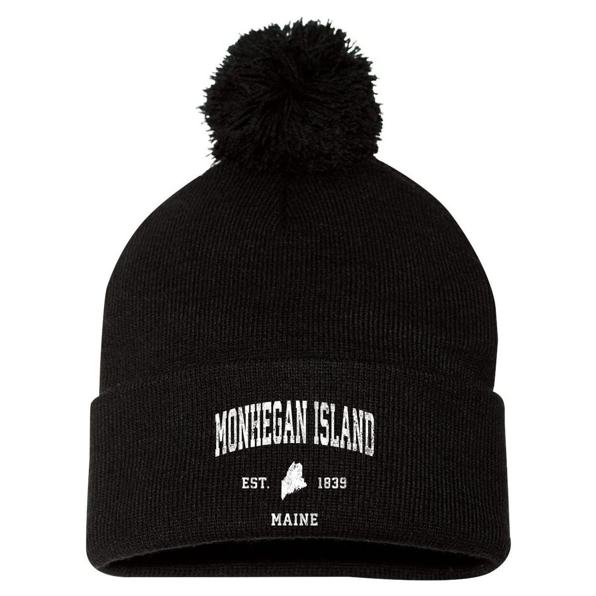 Monhegan Island Maine Me Vintage Athletic Sports Pom Pom 12in Knit Beanie