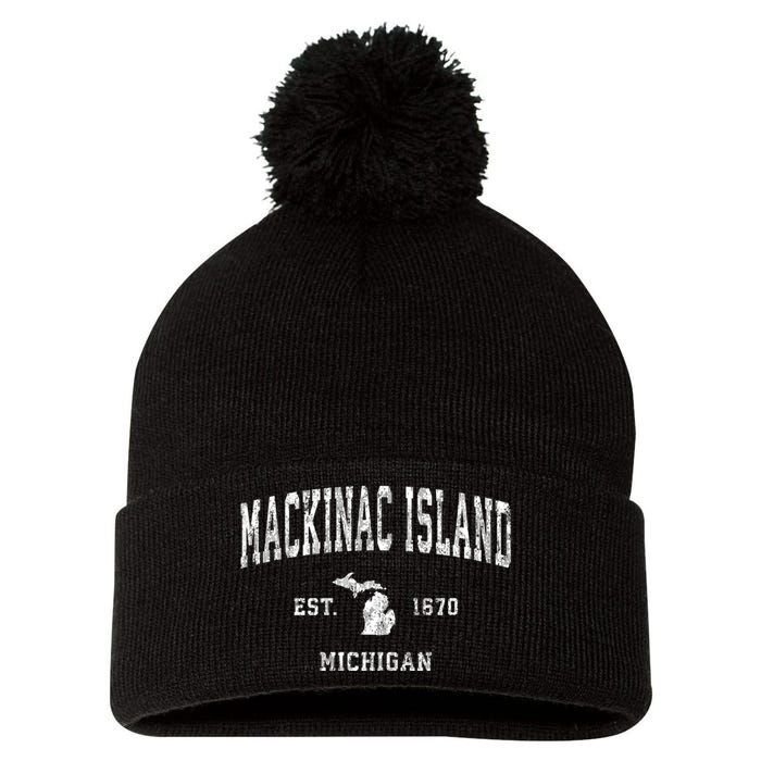 Mackinac Island Michigan Mi Vintage Athletic Sports Pom Pom 12in Knit Beanie