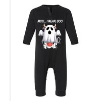 Moo I Mean Boo Ghost Cow Funny Halloween Women Cow Infant Fleece One Piece