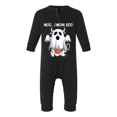 Moo I Mean Boo Ghost Cow Funny Halloween Women Cow Infant Fleece One Piece