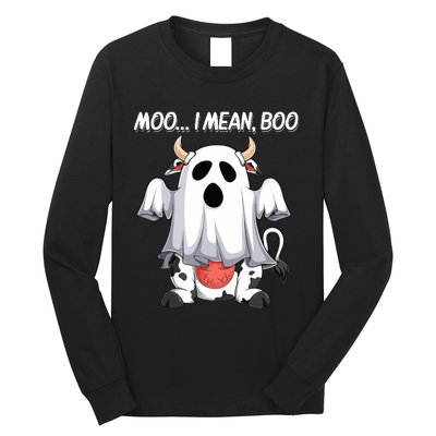 Moo I Mean Boo Ghost Cow Funny Halloween Women Cow Long Sleeve Shirt