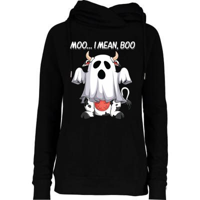 Moo I Mean Boo Ghost Cow Funny Halloween Women Cow Womens Funnel Neck Pullover Hood