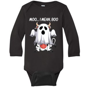 Moo I Mean Boo Ghost Cow Funny Halloween Women Cow Baby Long Sleeve Bodysuit