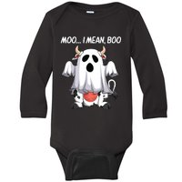 Moo I Mean Boo Ghost Cow Funny Halloween Women Cow Baby Long Sleeve Bodysuit