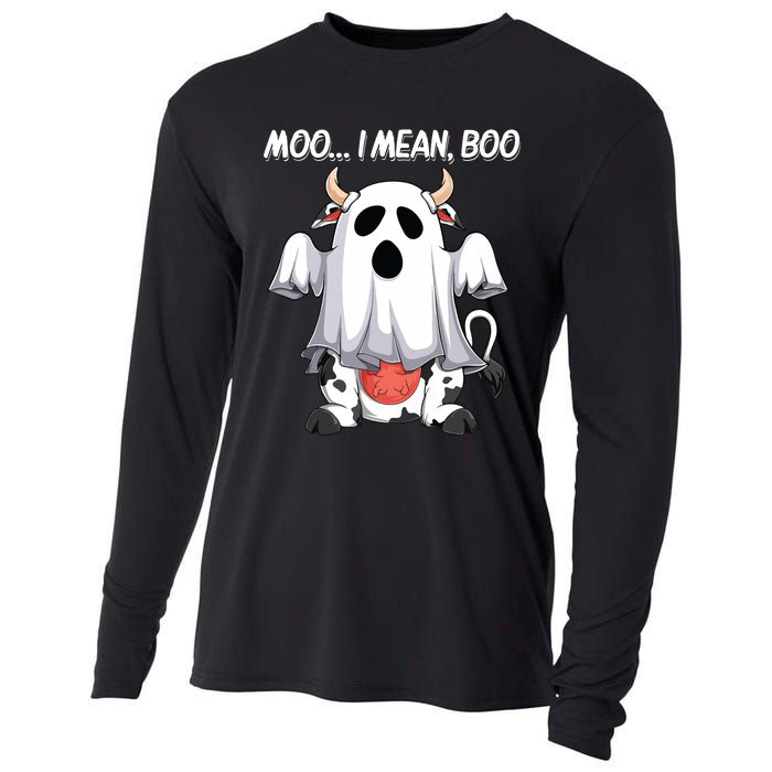 Moo I Mean Boo Ghost Cow Funny Halloween Women Cow Cooling Performance Long Sleeve Crew