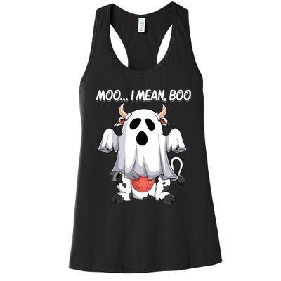 Moo I Mean Boo Ghost Cow Funny Halloween Women Cow Women's Racerback Tank