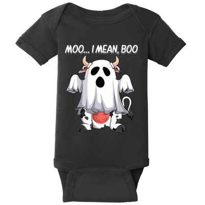 Moo I Mean Boo Ghost Cow Funny Halloween Women Cow Baby Bodysuit