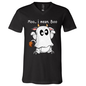 Moo I Mean Boo Ghost Cow Ghost Cow Halloween Farmer V-Neck T-Shirt