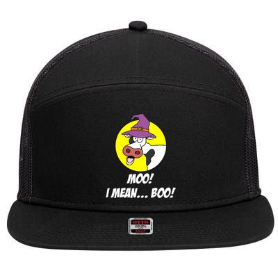 Moo I Mean Boo Cow With Witch Hat Funny Halloween Funny Gift 7 Panel Mesh Trucker Snapback Hat