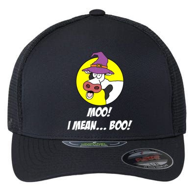 Moo I Mean Boo Cow With Witch Hat Funny Halloween Funny Gift Flexfit Unipanel Trucker Cap