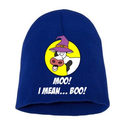 Moo I Mean Boo Cow With Witch Hat Funny Halloween Funny Gift Short Acrylic Beanie