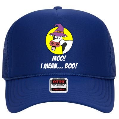 Moo I Mean Boo Cow With Witch Hat Funny Halloween Funny Gift High Crown Mesh Back Trucker Hat