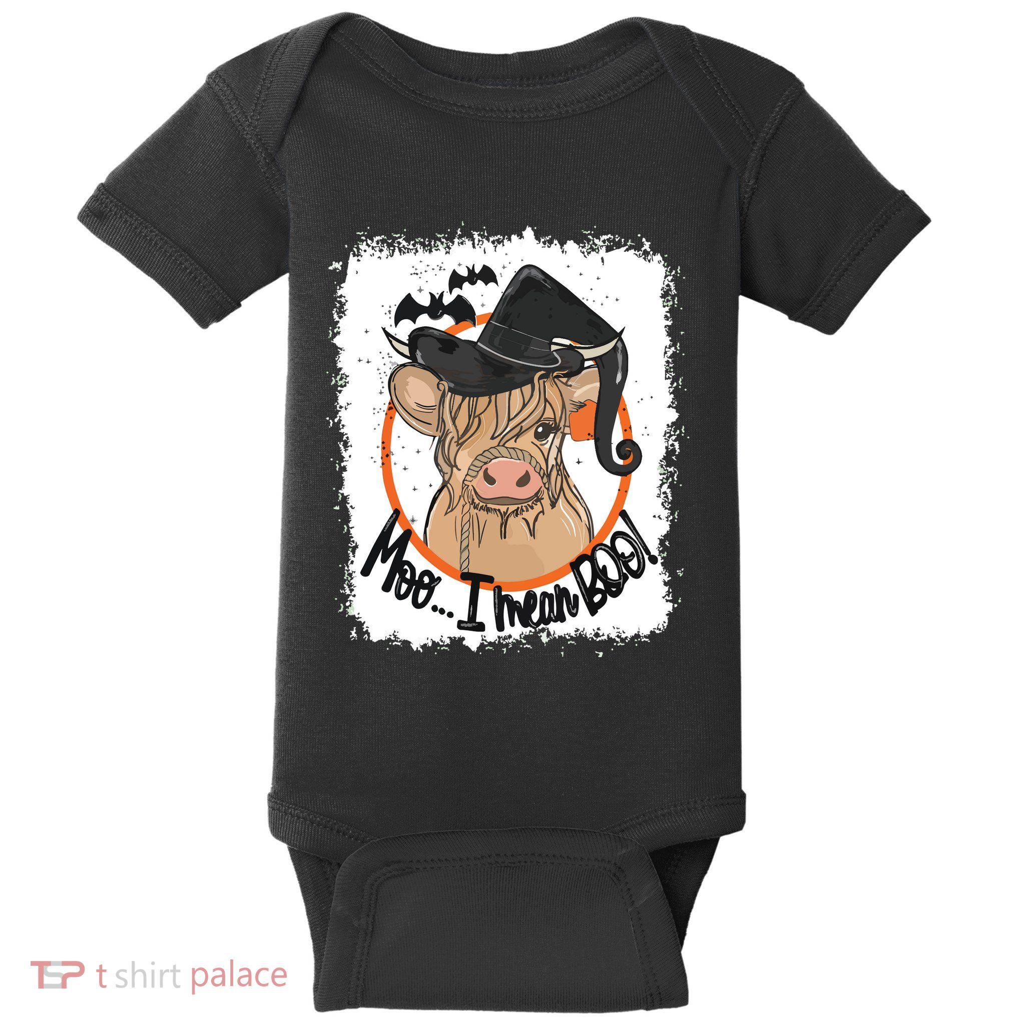 Moo I Mean Boo Ghost Witch Cow Bleached Funny Halloween Baby Bodysuit