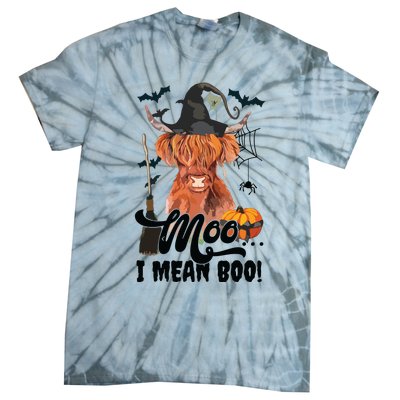 Moo I Mean Boo Witch Scottish Highland Cow Halloween Costume Long Sleeve Tie-Dye T-Shirt