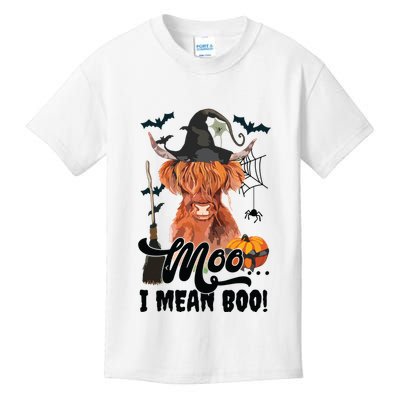 Moo I Mean Boo Witch Scottish Highland Cow Halloween Costume Long Sleeve Kids T-Shirt