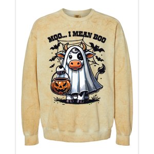 Moo I Mean Boo Witch Scottish Highland Cow Halloween Raglan Baseball Colorblast Crewneck Sweatshirt