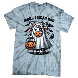 Moo I Mean Boo Witch Scottish Highland Cow Halloween Raglan Baseball Tie-Dye T-Shirt