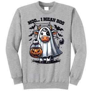 Moo I Mean Boo Witch Scottish Highland Cow Halloween Raglan Baseball Tall Sweatshirt