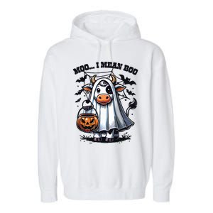 Moo I Mean Boo Witch Scottish Highland Cow Halloween Raglan Baseball Garment-Dyed Fleece Hoodie