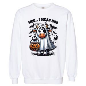 Moo I Mean Boo Witch Scottish Highland Cow Halloween Raglan Baseball Garment-Dyed Sweatshirt