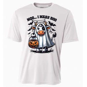 Moo I Mean Boo Witch Scottish Highland Cow Halloween Raglan Baseball Cooling Performance Crew T-Shirt