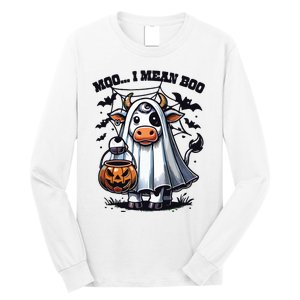 Moo I Mean Boo Witch Scottish Highland Cow Halloween Raglan Baseball Long Sleeve Shirt