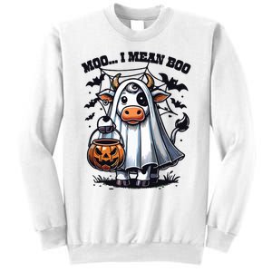 Moo I Mean Boo Witch Scottish Highland Cow Halloween Raglan Baseball Sweatshirt