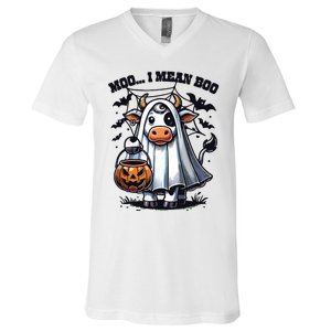 Moo I Mean Boo Witch Scottish Highland Cow Halloween Raglan Baseball V-Neck T-Shirt