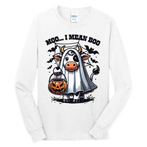 Moo I Mean Boo Witch Scottish Highland Cow Halloween Raglan Baseball Tall Long Sleeve T-Shirt