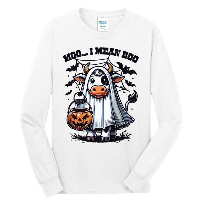 Moo I Mean Boo Witch Scottish Highland Cow Halloween Raglan Baseball Tall Long Sleeve T-Shirt