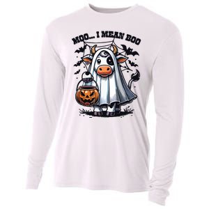 Moo I Mean Boo Witch Scottish Highland Cow Halloween Raglan Baseball Cooling Performance Long Sleeve Crew