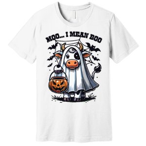 Moo I Mean Boo Witch Scottish Highland Cow Halloween Raglan Baseball Premium T-Shirt