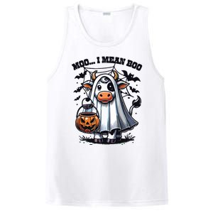 Moo I Mean Boo Witch Scottish Highland Cow Halloween Raglan Baseball PosiCharge Competitor Tank