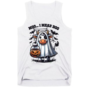 Moo I Mean Boo Witch Scottish Highland Cow Halloween Raglan Baseball Tank Top