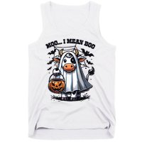 Moo I Mean Boo Witch Scottish Highland Cow Halloween Raglan Baseball Tank Top