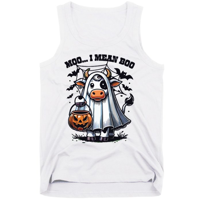 Moo I Mean Boo Witch Scottish Highland Cow Halloween Raglan Baseball Tank Top