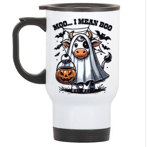 Moo I Mean Boo Witch Scottish Highland Cow Halloween Raglan Baseball Stainless Steel Travel Mug