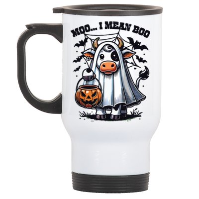 Moo I Mean Boo Witch Scottish Highland Cow Halloween Raglan Baseball Stainless Steel Travel Mug