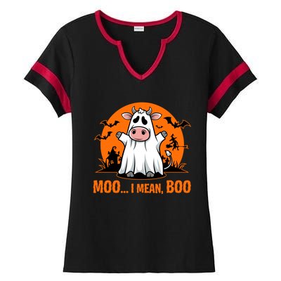 Moo I Mean Boo Funny Cow Halloween Costume Farmer Cow Cute Gift Ladies Halftime Notch Neck Tee