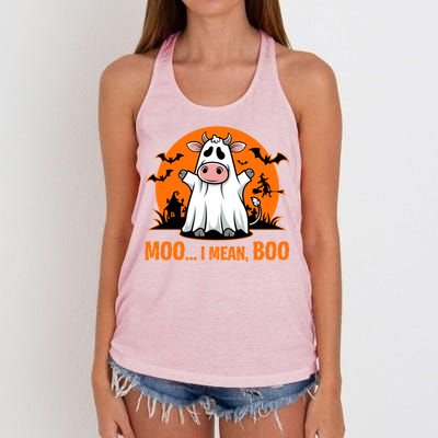 Moo I Mean Boo Funny Cow Halloween Costume Farmer Cow Cute Gift Women's Knotted Racerback Tank