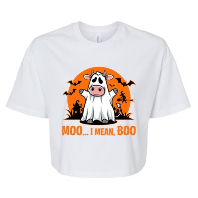 Moo I Mean Boo Funny Cow Halloween Costume Farmer Cow Cute Gift Bella+Canvas Jersey Crop Tee