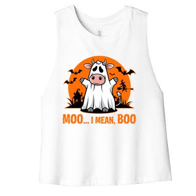 Moo I Mean Boo Funny Cow Halloween Costume Farmer Cow Cute Gift Women's Racerback Cropped Tank