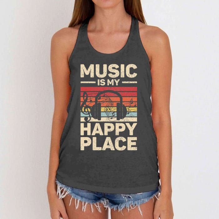 Music Is My Happy Place Musician Outfit EDM Music Lovers DJ Women's Knotted Racerback Tank