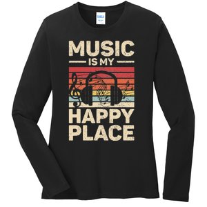 Music Is My Happy Place Musician Outfit EDM Music Lovers DJ Ladies Long Sleeve Shirt