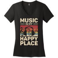 Music Is My Happy Place Musician Outfit EDM Music Lovers DJ Women's V-Neck T-Shirt