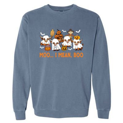 Moo I Mean Boo Ghost Highland Cow Halloween Costume Gift Garment-Dyed Sweatshirt